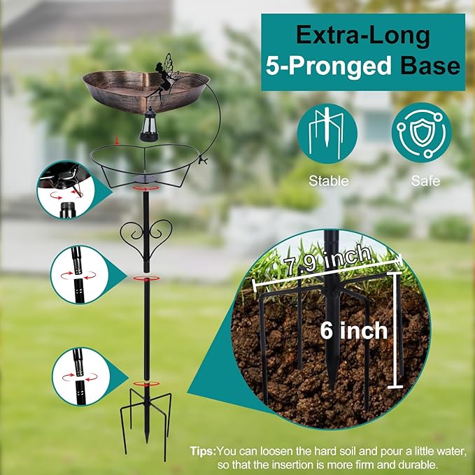 Goodeco Heart Bird Bath Stake for Outside - 135 fl oz Large Metal Birdbath with Solar Lantern and Fairy Garden & Patio Decor for Yard, Ideal Gifts for Bird Lovers, Romantic Mom's Present