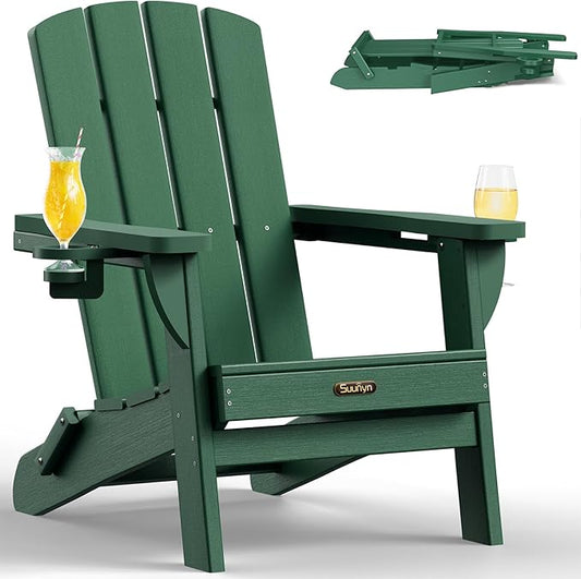Folding Adirondack Chair, HDPE All-Weather Fire Pit Chairs, Plastic Adirondack Chairs with 2 Cup Holder, Outdoor Lawn Chair for Patio Garden (Green)