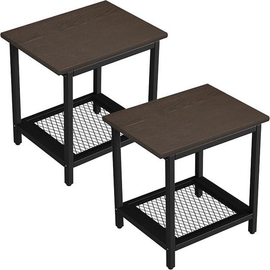 2-Tier Outdoor Side Table with Storage, Weather Resistant Patio End Table, HDPS Small Accent Table for Deck, Garden, Pool, Backyard, Brown 2pcs