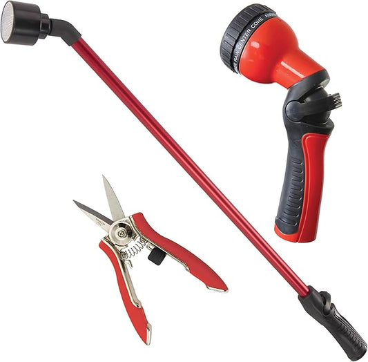 DRAMM Watering and Tool Set Includes 30-Inch One Touch Rain Wand, 9-Pattern Revolution Spray Gun, and Compact Shear, Red