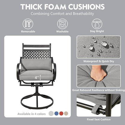 MELLCOM Patio Swivel Chair Set of 2, Heavy Duty Outdoor Dining Chairs with Cushions and Lumbar Pillows, Metal Patio Chairs Gentle Rocker for Outside, Garden Lawn & Porch, Backyard, Grey