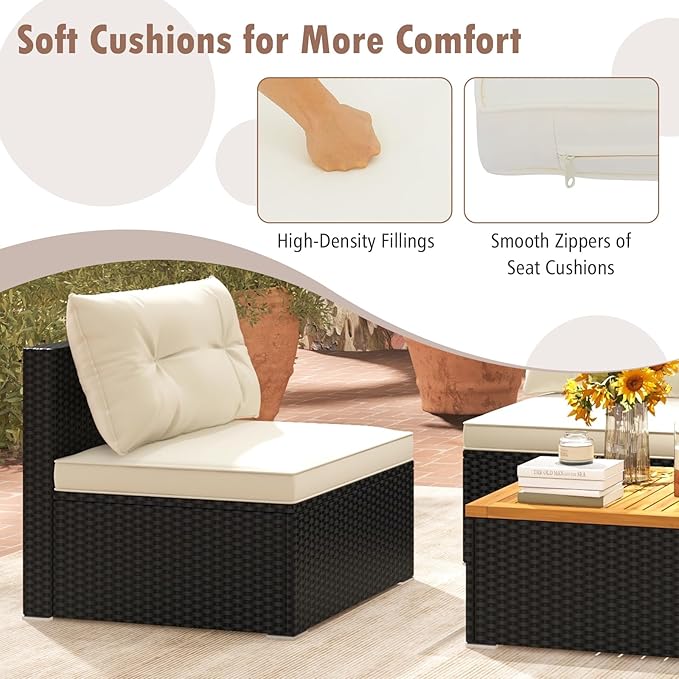 RELAX4LIFE 5-Piece Wicker Outdoor Furniture - PE Rattan Sectional Conversation Set w/4 Armless Sofas & Acacia Wood Coffee Table, Cushioned Patio Sofa Set for Garden Poolside Backyard Porch (Off White)