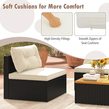 RELAX4LIFE 5-Piece Wicker Outdoor Furniture - PE Rattan Sectional Conversation Set w/4 Armless Sofas & Acacia Wood Coffee Table, Cushioned Patio Sofa Set for Garden Poolside Backyard Porch (Off White)