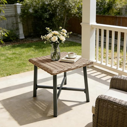 Loungewave Outdoor Side Tables for Patio, Small Wicker Patio Rattan Side Table, Outside End Table for Backyard, Porch, Pool, Weather Resistant & Easy Maintenance (Brown)