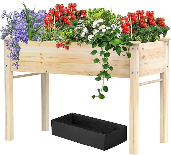 48x24x31IN Elevated Wooden Raised Garden Bed with Legs, Reinforced Large Planter Box for Vegetable Flower Herb Outdoor, Standing Growing Bed forGardening/Backyard/Patio/Balcony, Liner Included