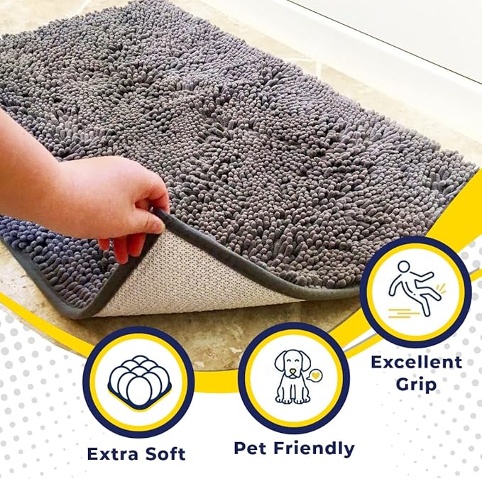 Muddy Mat® | Super Water Absorbent Door Mat Indoor, Microfiber Quick Dry Chenille Entryway Rug, Slip Resistant Front Door Mat, Indoor Mats for Entryway, Machine Washable Pet Rug, Grey 59"x35"