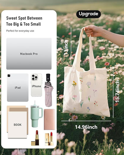 Canvas Tote Bag with Aesthetic Prints, Cute Tote Bag for Women Girls with Wide Strap, Gifts for Cat Book Lovers