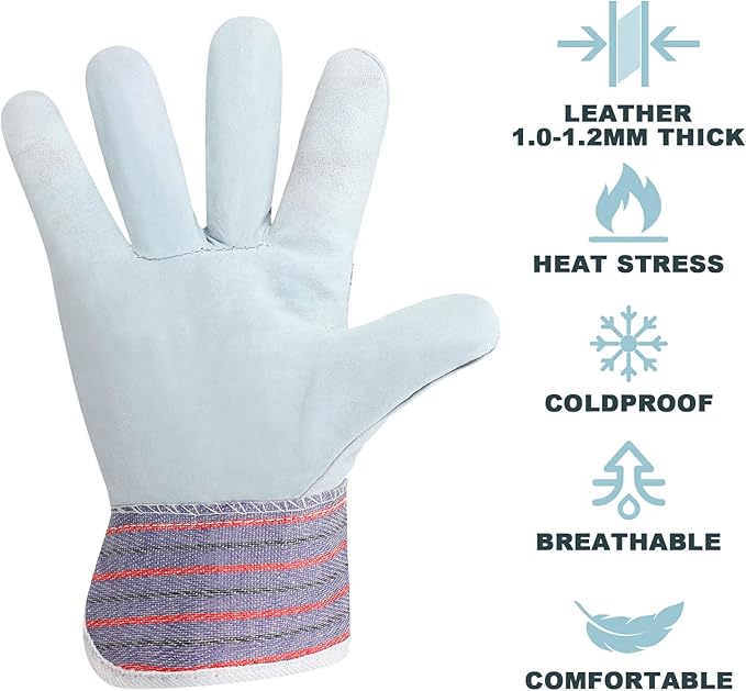 Jiuguva 24 Pairs of Work Gloves Cotton Leather Gloves Safety Cuff Gardening Work Hands with Heavy Duty Reinforced Palms Gardening for Men Women, Red and Blue