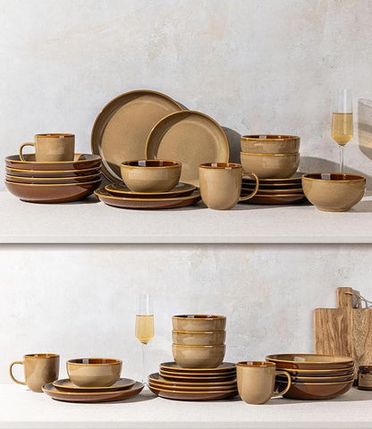 LERATIO Ceramic Dinnerware Sets for 4, 12 Pieces Ceramic Plates and Bowls Sets, Scratch Resistant Dish Set, Oven, Microwave & Dishwasher Safe- Chestnut