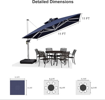 PURPLE LEAF 11 Feet Solar Powered LED Square Cantilever Umbrella With Base Patio Umbrellas Windproof Hanging Umbrella Outdoor Offset Umbrellas, Navy Blue