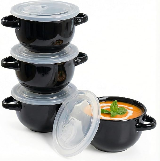 KooK French Onion Soup Crocks with Handles, Ceramic Bowls, for Rice, Dessert, Pasta, Dishwasher, Microwave, Oven & Broil Safe, Black, Set of 4, 18 oz