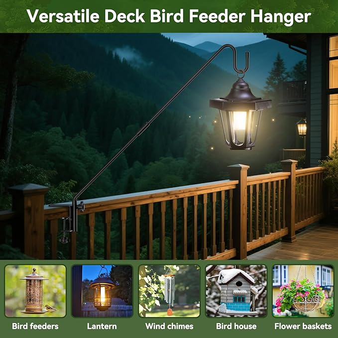 Heavy-Duty Adjustable Deck Railing Hook – 28" Rotating, Clamp-Mount Hanger for Bird Feeders, Wind Chimes & Hanging Plants (Fits Up to 2.75", 12 lbs)