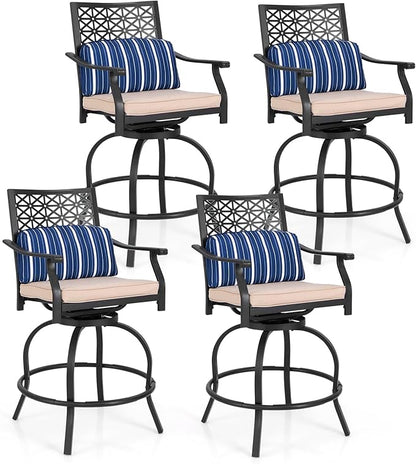 COSTWAY Outdoor Bar Chair Set of 4, 24.5 Inch Swivel Counter Height Bar Stools with Footrest, Seat Cushions & Lumbar Pillows, Metal Dining Bar Chairs for Patio, Backyard, Poolside (4)
