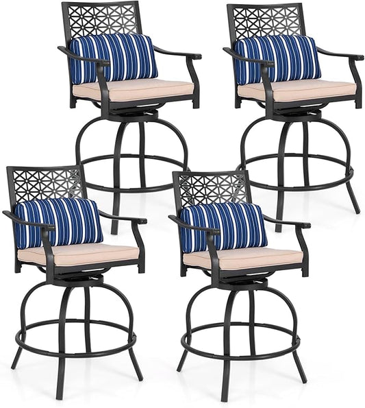 COSTWAY Outdoor Bar Chair Set of 4, 24.5 Inch Swivel Counter Height Bar Stools with Footrest, Seat Cushions & Lumbar Pillows, Metal Dining Bar Chairs for Patio, Backyard, Poolside (4)
