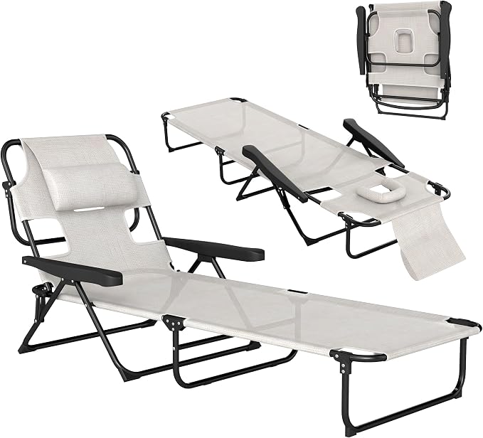 Outsunny Tanning Chaise Lounge Chair, 4-Position Beach Chair with Face & Arm Holes, Pillow headrest, Adjustable Sunbathing Chair, Cream White