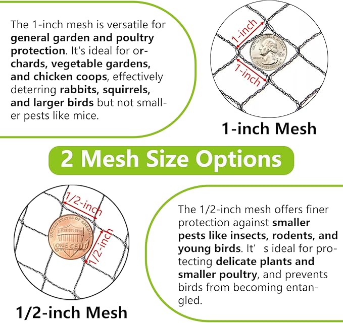 25x50ft Bird Netting, 1 inch Mesh, Heavy Duty Garden Netting for Fruit Trees, Blueberry Bushes, Vegetables, Extra Strong Woven Mesh Against Birds, Deer, Squirrels, Poultry and Other Animals