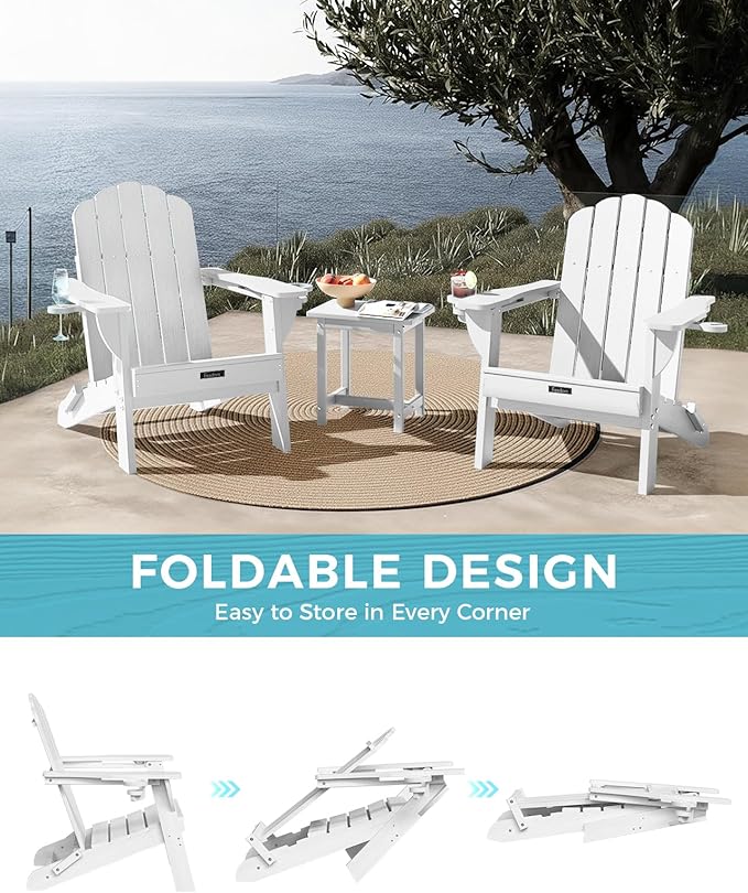 Adirondack Chairs Set of 2, Wood Texture Fire Pit Chairs, Plastic Adirondack Chairs with 2 Cup Holder, Outdoor Lawn Chair for Patio Garden, White