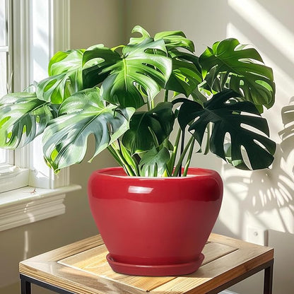 10 Inch Plant Pot - Ceramic Planter for Indoor Outdoor Plants, Glaze Modern Round Planter with Drainage Hole and Saucer, Gifts for Plant Lovers, Home Room Garden Decor, Red