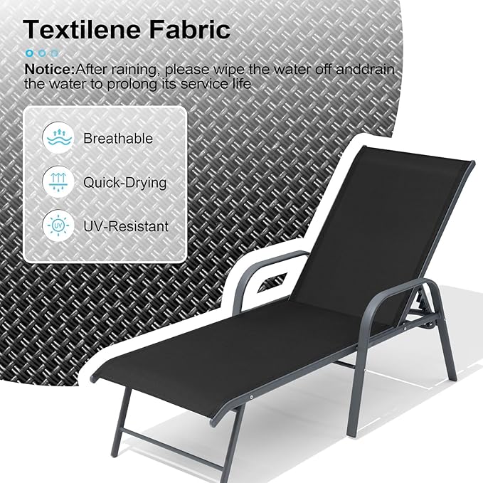 Crestlive Products Lounge Chair Outdoor with Armrests, Pool Lounge Chairs Set of 2, Aluminum Adjustable 5 Positions Tanning Chairs for Outside, Patio, Poolside, Yard, Deck, Backyard (Black)