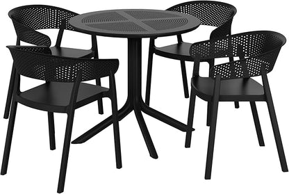 Costaelm Dining Table Set for 4, HDPE Patio Round Dining Table and Stackable Chair, Kitchen & Dining Room Sets All Weather for Backyard Porch Poolside, Black