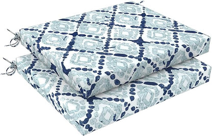 LVTXIII Outdoor Chair Cushions 18.5"x16"x2" Pack of 2, Water-Repellent Square Corner Memory Foam Seat Cushions with Ties for Garden Patio Furniture, Boho Geometry Blue