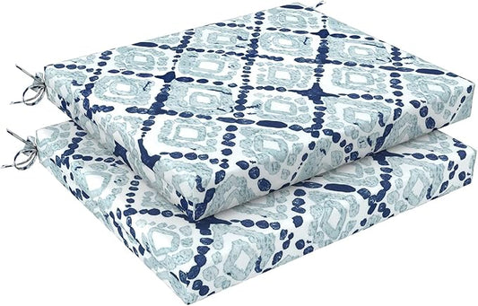 LVTXIII Outdoor Chair Cushions 18.5"x16"x2" Pack of 2, Water-Repellent Square Corner Memory Foam Seat Cushions with Ties for Garden Patio Furniture, Boho Geometry Blue