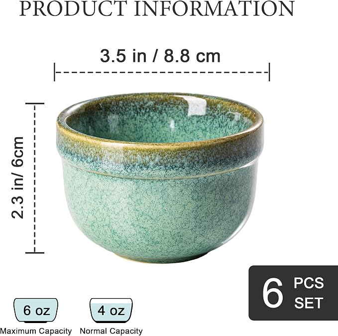 Henten Home 6 oz Ramekins Set Oven Safe, Ceramic Creme Brulee Ramekins Set of 6, Baking Cups for Pudding, Souffle, Ice Cream, Snack, Dipping (Green)