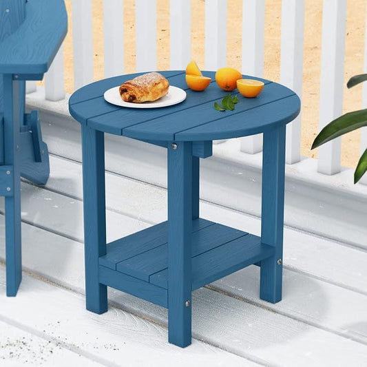 MXIMU Round Outdoor Side Table Adirondack Tables 18 Inch Chairside End Tables with Storage Shelf, 2-Tier Plastic Patio Side Table for Balcony Backyard Lawn (Navy, 1 Pack)
