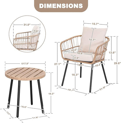 NUU GARDEN 3-Piece Outdoor Bistro Set, PE Wicker Chairs with Cushions and Slatted Metal Side Table, Patio Furniture Conversation Set for Porch, Backyard, Lawn, Poolside, Deck, Beige