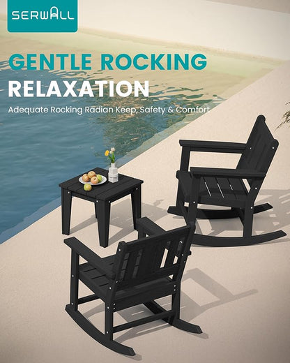 SERWALL 3 Piece Rocking Bistro Set, HDPE Patio Furniture Set with Bistro Table and Chairs for Backyard,Porch, Poolside, Balcony, and Garden- Black