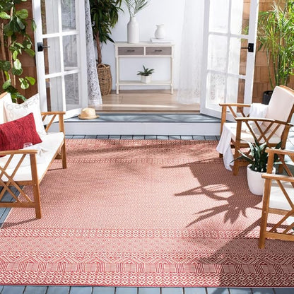 SAFAVIEH Washable Rug Outdoor Courtyard Collection - 8' x 10', Beige & Red, Non-Shedding & Easy Cleaning, Ideal for Patio, Backyard, Mudroom, DIning Space (CY6235-23812)