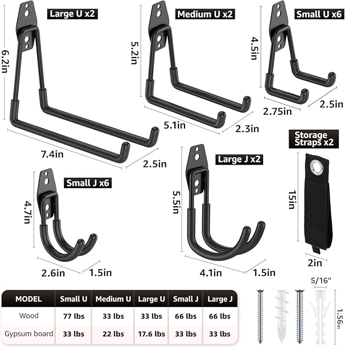 20 Pack Garage Hooks, Heavy Duty Steel Wall Mount Utility Hangers with Anti-Slip Coating for Hanging Bikes, Ladders, Power Tools, and Garden Equipment