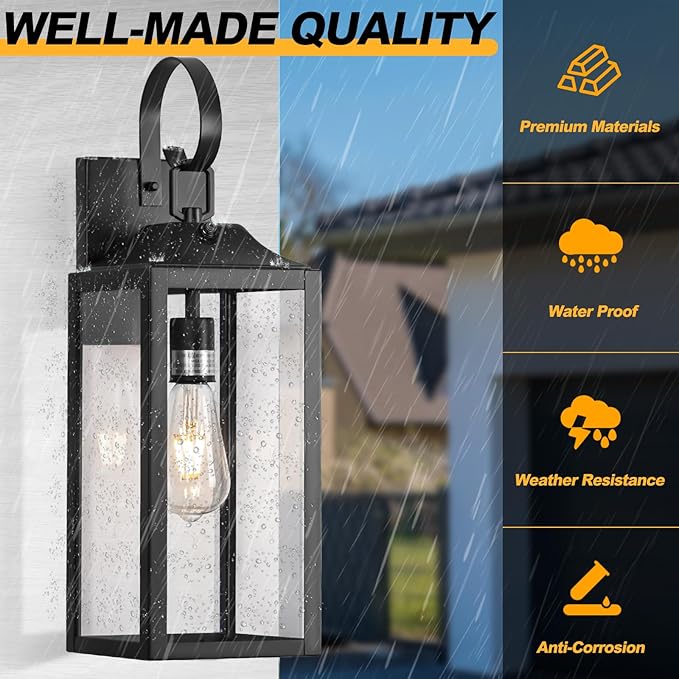 Black Dusk to Dawn Outdoor Wall Lantern, 19" Large Outside Modern Wall Sconce Light Fixture, Farmhouse Porch Light Waterproof for House