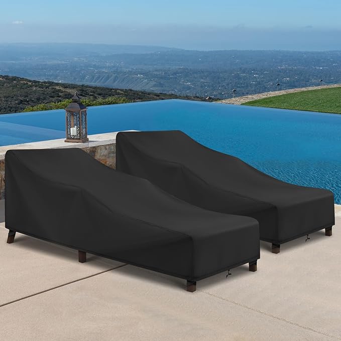 SunPatio Chaise Lounge Covers Outdoor Waterproof, 2 Pack Patio Lounge Chair Protector with Windproof Straps, Outdoor Furniture Covers All Weather Protection, 80" L x 30" W x 26" H, Black