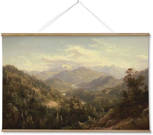 ARPEOTCY Extra Large Vintage Framed Wall Art, 36x54 Inch Mountain Mist Forest Landscape Hanging Canvas Prints Scroll Wall Art Decor for Living Room Bedroom, Retro Scenery Pictures Above of Bed