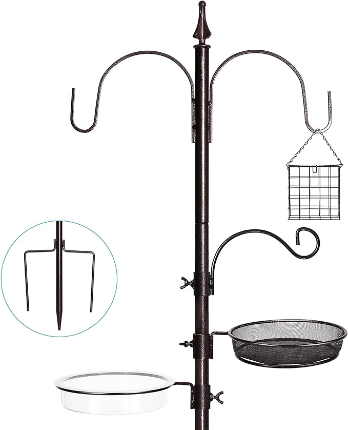 YINGYM Bird Feeder Stand Pole,77 Inch Feeding Station Kit for Outside, Wild Bird Feeder Hanging Kit with Metal Suet, Bird Bath and Mesh Tray, 3-Prong Base