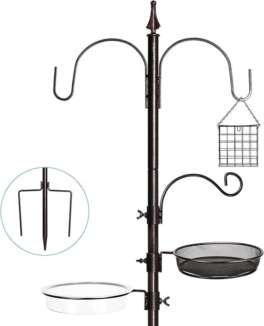 YINGYM Bird Feeder Stand Pole,77 Inch Feeding Station Kit for Outside, Wild Bird Feeder Hanging Kit with Metal Suet, Bird Bath and Mesh Tray, 3-Prong Base