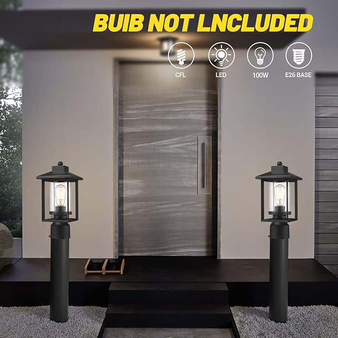 Outdoor Post Light, Exterior Post Lantern Lamps, Pathway Post Lighting Fixture, Post Lights Fixture in Black Finish with Clear Glass Shade for Garden, Backyard, Patio, Lawn, Driveway