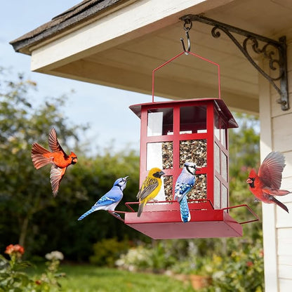 Bird Feeder, Heavy Duty Metal Bird Feeders for Outdoor Hanging, Retro Red House Wild Birdfeeder, Rainproof & Waterproof, 6 LBs Extra Large Capacity