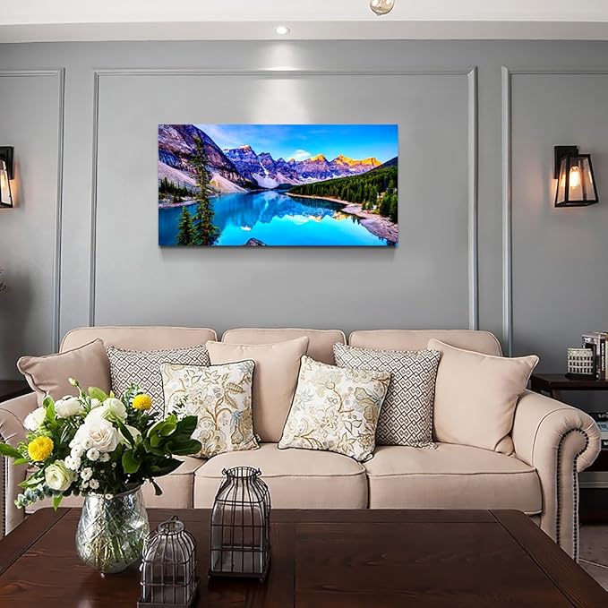 Haichuang Decor Art Moraine Lake Canvas Wall Art 57x28 Inches Framed Rocky Mountain Lake Wall Decor Wood Frame Waterproof HD Giclee Print Ready to Hang Nature Artwork for Living Room Bedroom Office