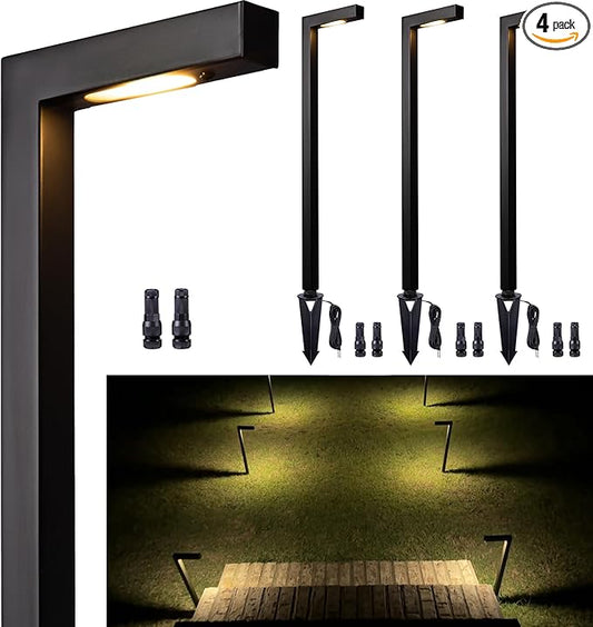 Gardenreet Low Voltage Pathway Lights Brass, LED Landscape Path Lights, Yard Lights Outdoor Waterproof IP65, 12V Wired L Shape Black for Garden Walkway Without G4 Bulb 4 Pack
