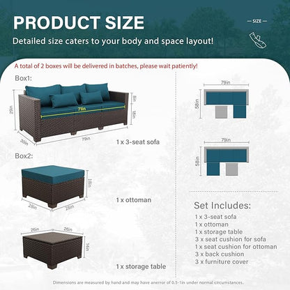 Outdoor Furniture Set 3 Pieces Outdoor Sectional Sofa Set Wicker Patio Furniture Outdoor Couch Outdoor Ottoman Coffee Table with Storage All-Weather Anti-Slip Cushions Waterproof Covers, Peacock Blue
