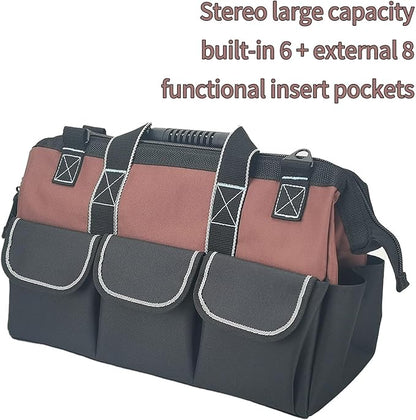 Garden Tools Bag 16 Inch Wide Mouth Tool Bag with Molded Base and Plastic-Padded Inside Pockets for Tool Storage, 600D Polyester Fabric, Brown Color