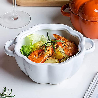 Pumpkin Bowl Set with Lid and Handle, Set of 2 Ceramic Ramekins for Baking, Casserole Dish Individual Severing Pot, Stoneware, Oven Safe, 14 Oz (White)