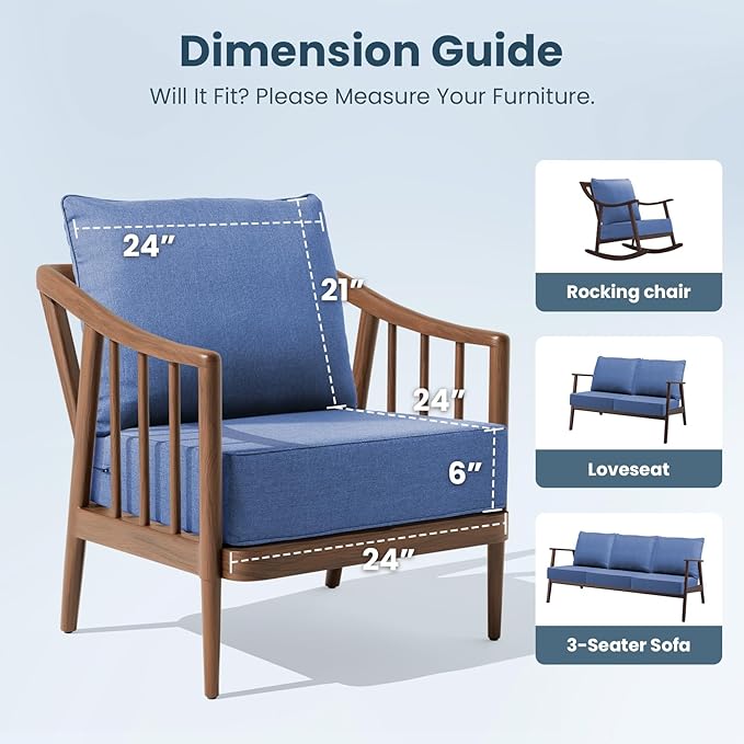 Outdoor Chair Cushions, 6 Inch Thick Patio Seat & Back Cushions Set with Removable Cover, Waterproof Patio Cushions for Outdoor Furniture, 24 x 24 Inch, Navy Blue 2-Set