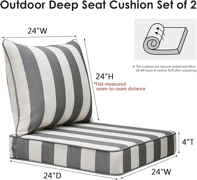 Outdoor Patio Chair Cushions Set, 24" x 24", Set of 2, Water-Repellent, Fade Resistant, Deep Seat Bottom and Back Cushion for Backyard, Couch, Sofa and Patio Furniture, Gray Stripe