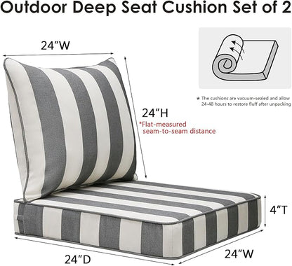 Outdoor Patio Chair Cushions Set, 24" x 24", Set of 2, Water-Repellent, Fade Resistant, Deep Seat Bottom and Back Cushion for Backyard, Couch, Sofa and Patio Furniture, Gray Stripe