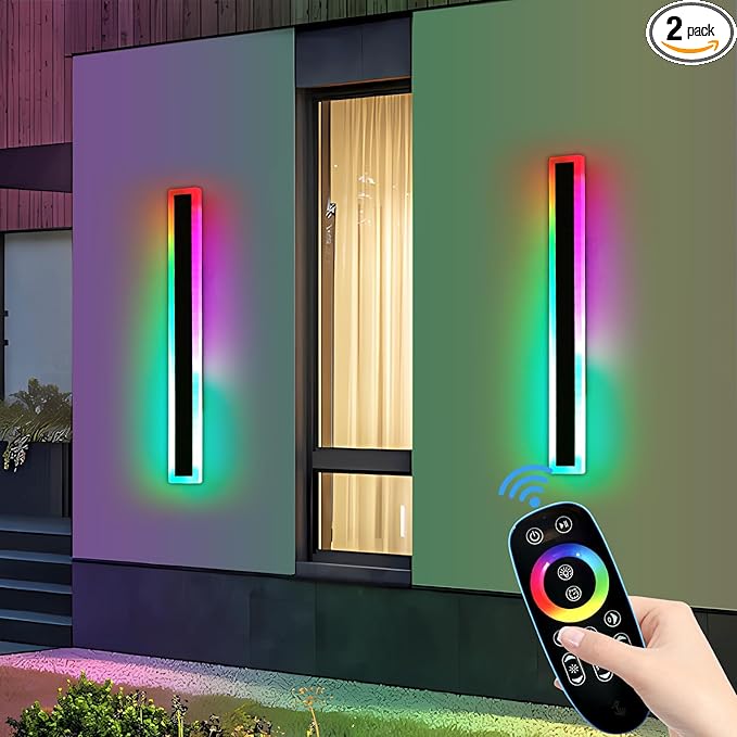 2 Pack Outdoor RGB Wall Sconce, 23.6inch Modern LED Light Fixture, IP65 Waterproof, 10 Colors, 5 Modes, Dimmable with Remote Control, Long Linear Wall Mount Lighting for Garden, Patio, Fence