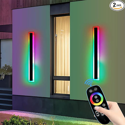 2 Pack Outdoor RGB Wall Sconce, 23.6inch Modern LED Light Fixture, IP65 Waterproof, 10 Colors, 5 Modes, Dimmable with Remote Control, Long Linear Wall Mount Lighting for Garden, Patio, Fence