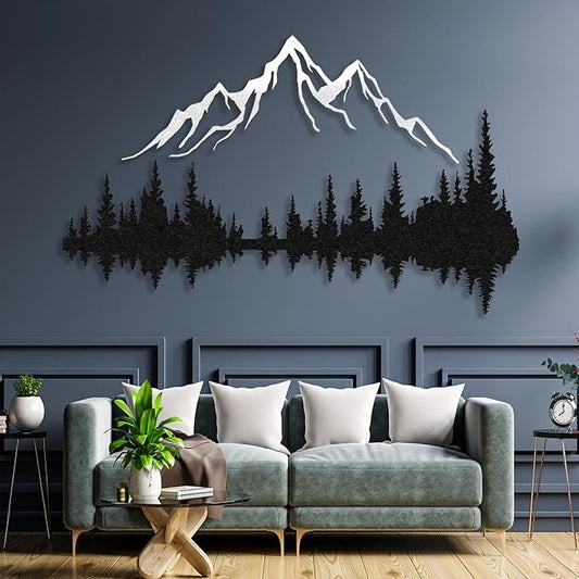 Wita Home Mountain and Forest Metal Wall Art, Wall Mounted Home Decor, Pine Trees and Mountain Wall Art for Living Room, Bedroom or Office, Large Outdoor Wall Decor, Nature Christmas Decor (White, 110x73 inches)